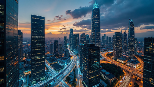 金融中心写字楼群夜景,灯光璀璨现代化都市风貌,车流穿梭